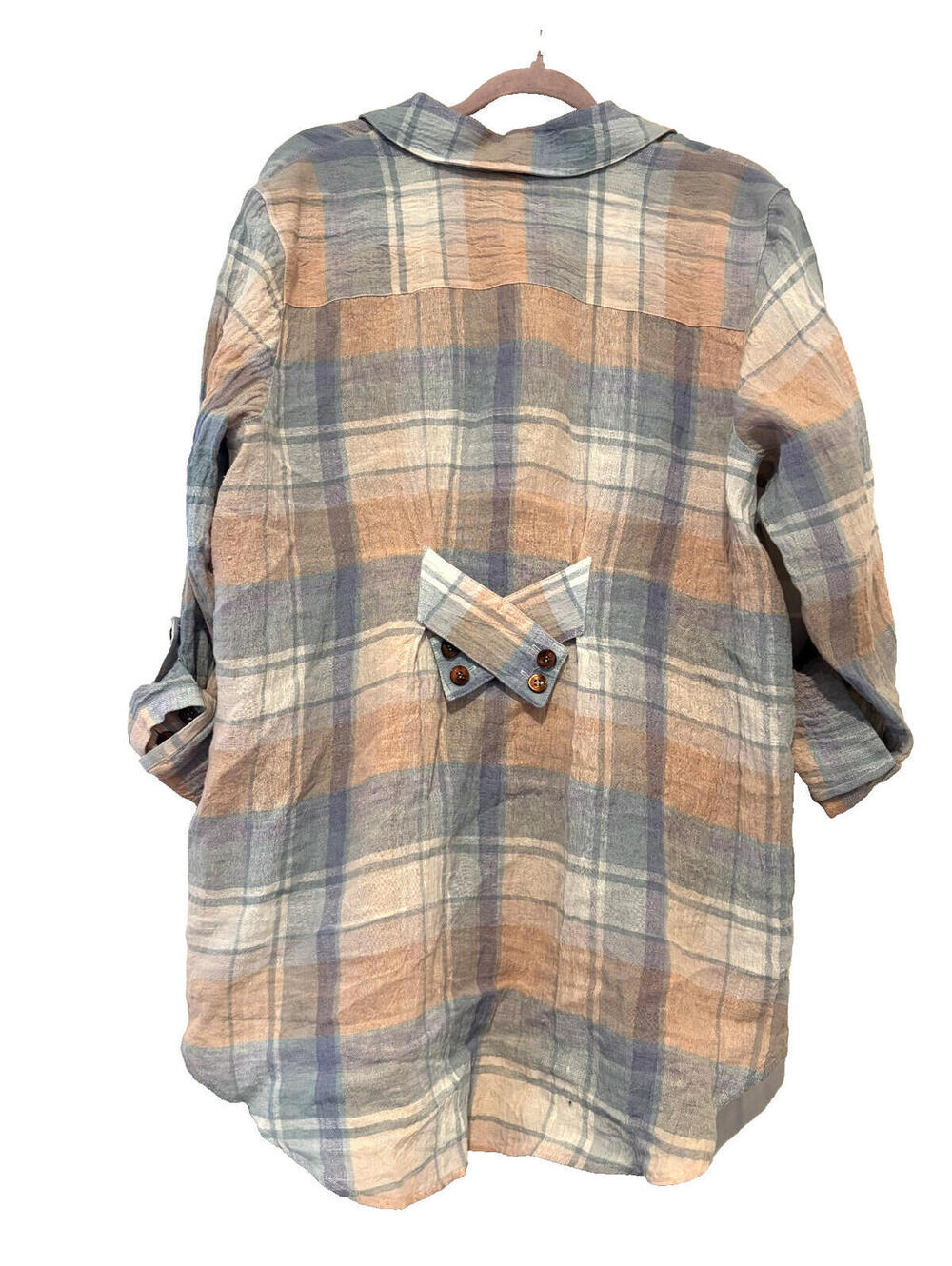 Soft Surroundings sz L‎ linen blue/peach plaid long sleeve button down shirt C - Picture 3 of 3